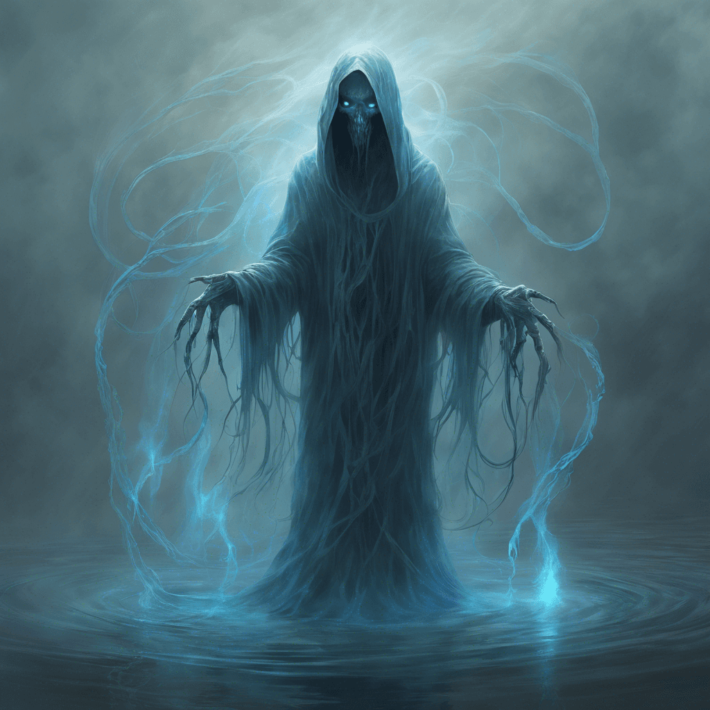 A spectral figure that rises from the murky waters, cloaked in mist with two piercing, soulless eyes that glow with a haunting blue light. Its semi-transparent body is a swirling vortex of trapped spirits, and long, wispy tendrils of ectoplasm extend from its form.