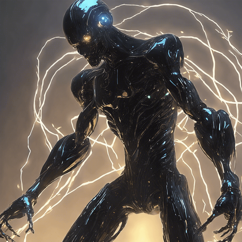 A humanoid shape cloaked in shadows, with flickering holographic eyes and cybernetic limbs made of black chrome. Sparks of electricity crackle across its body, giving a sense of its augmented nature and dangerous abilities.