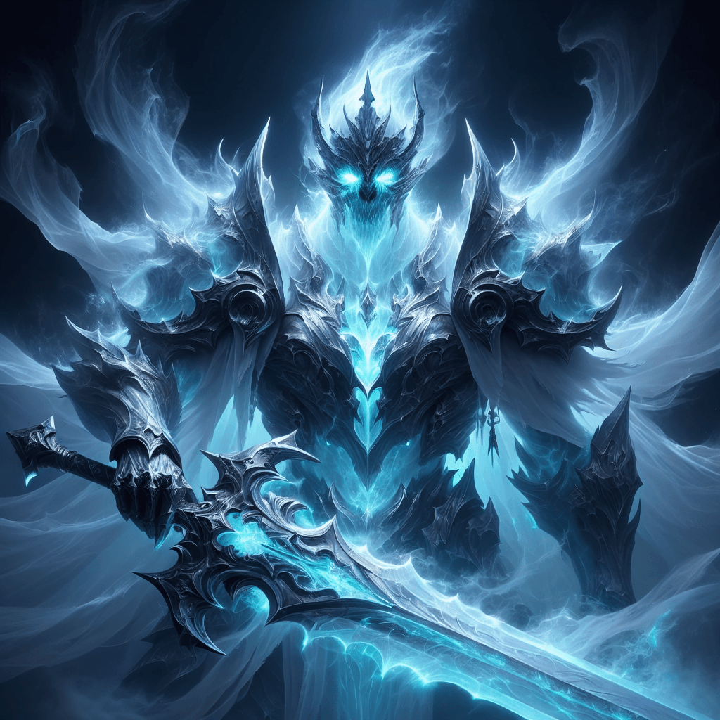 A towering specter clad in ethereal armor, wielding a greatsword that gleams with ghostly light. Its eyes burn with a cold blue flame in a face that is an ever-shifting mass of shadows.