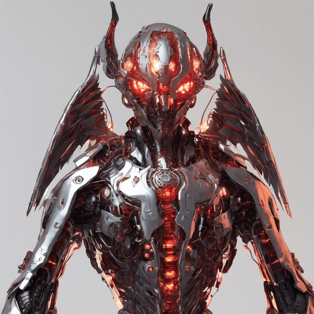 The Cyber Seraph is a humanoid figure with mechanical wings that crackle with electricity. Its metallic body is adorned with glowing circuit patterns, and its eyes shine with a malevolent red light. It moves with unnatural grace and speed, ready to strike down any who oppose it.