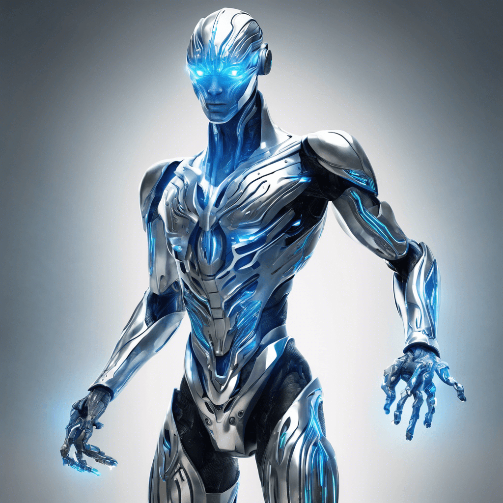 A sleek, silver humanoid form with pulsating neon-blue circuit lines running across its body. It has ocular sensors that glow like azure flames and hands that can morph into various energy weapons.