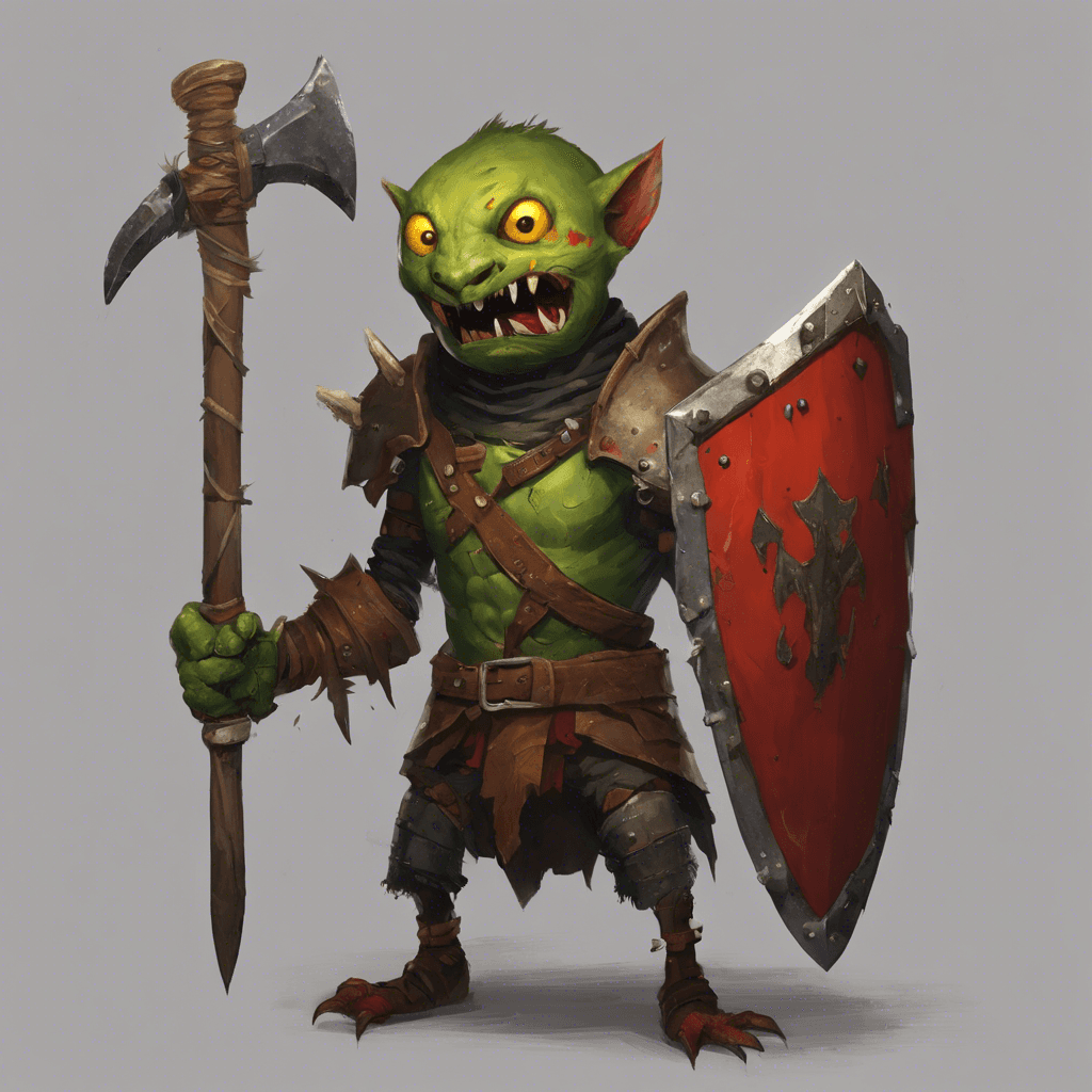 A small, green-skinned creature with sharp, yellow fangs, beady red eyes, and tattered leather armor. It wields a rusty scimitar and a makeshift wooden shield.