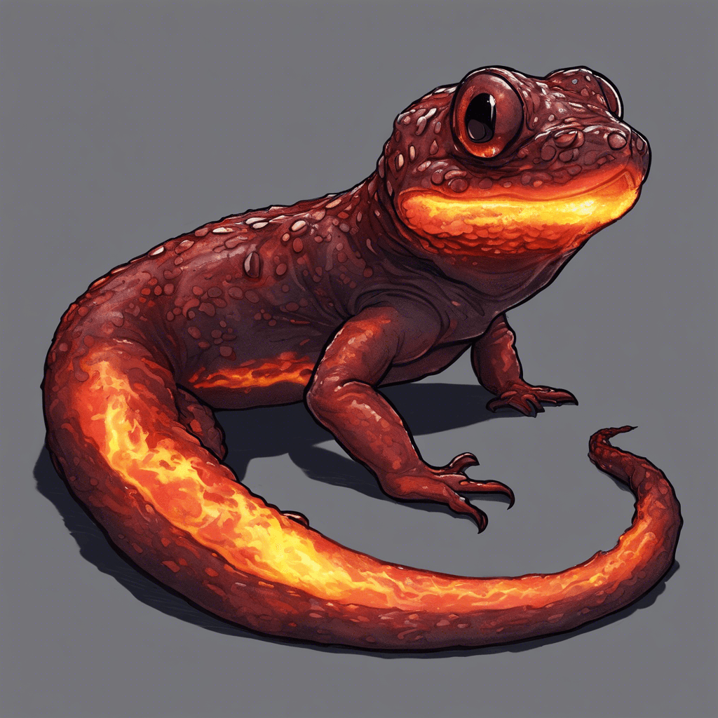 A large Flame Salamander, with scales shimmering like molten lava, eyes glowing ember red, and a trail of smoke rising from its nostrils.