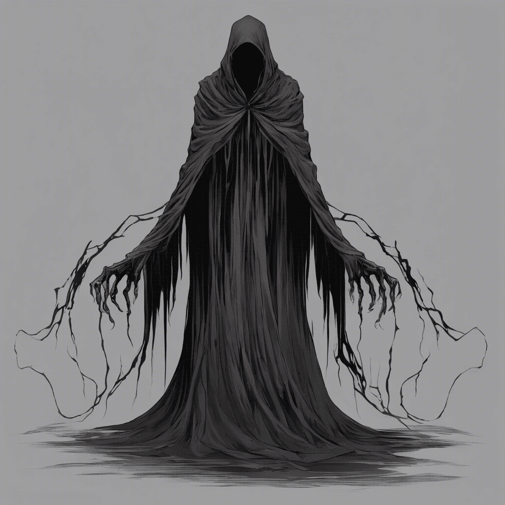 The Shadow Wraith is a malevolent spirit cloaked in darkness, its form shifting and flickering like a wisp of black smoke. Its eyes glow with an otherworldly light, and a chilling aura of fear surrounds it, freezing the air around it with a touch.