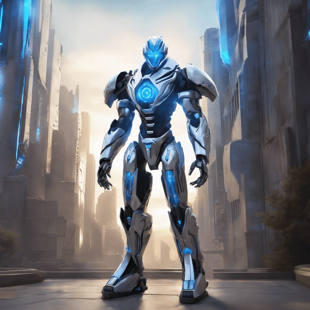 The Quantum Warden is a robotic enforcer designed to protect the quantum gateways. It stands tall, with sleek silver armor adorned with glowing blue energy accents. Its mechanical eyes scan the area, ready to engage any intruders with deadly precision.