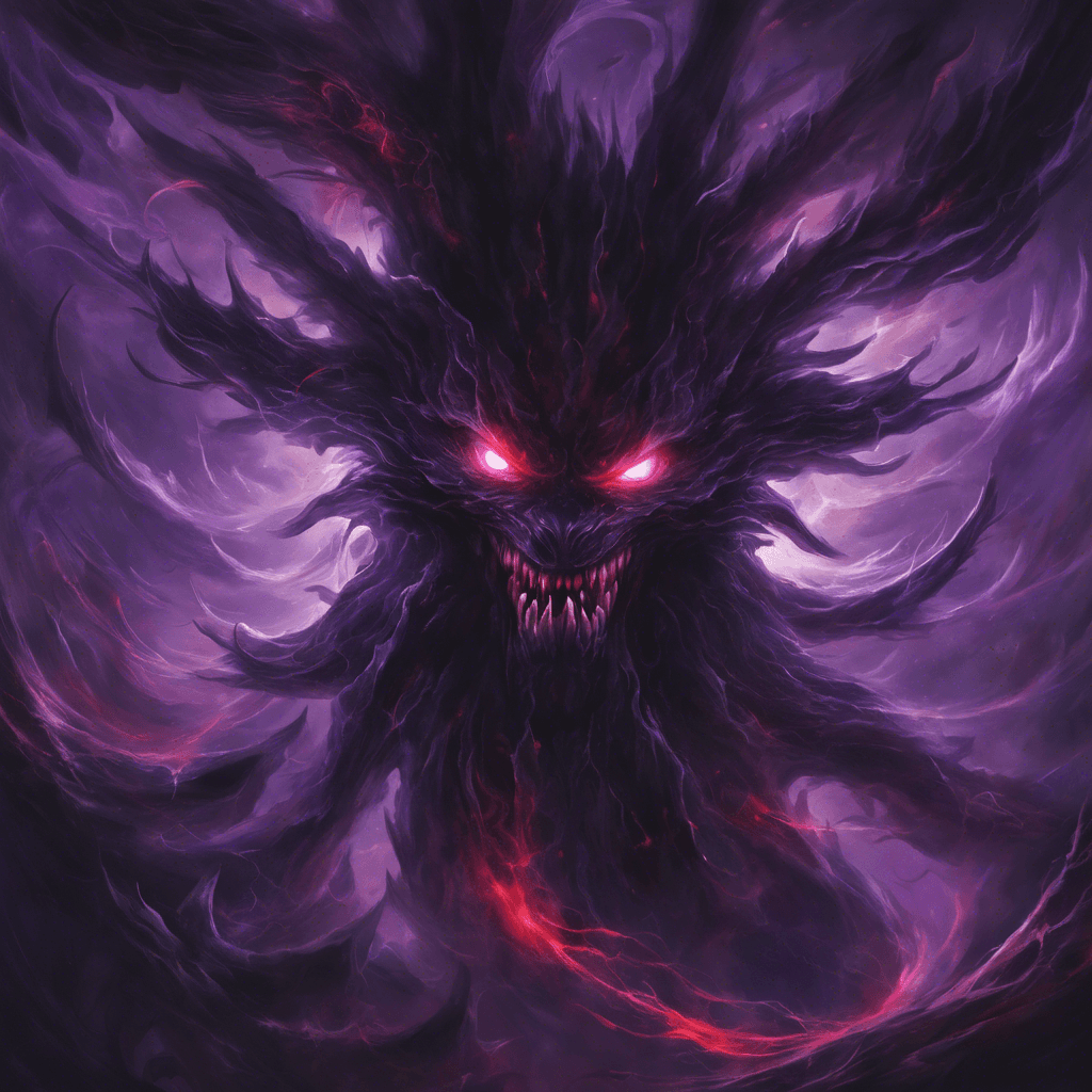 A swirling mass of dark energy emanating malevolent purple and black wisps, with glowing red eyes that pierce through the shadows.