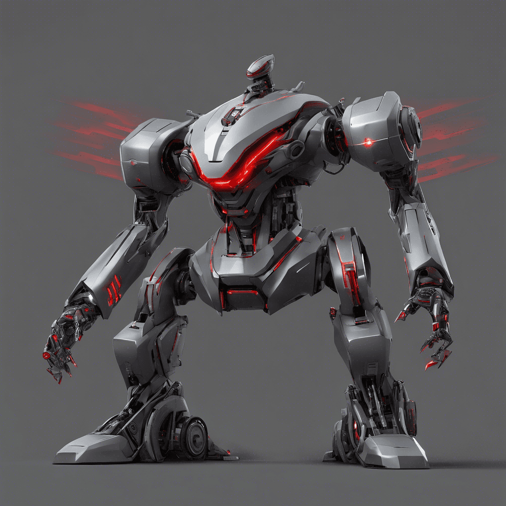 A formidable robot with a sleek and angular design, gunmetal grey with sharp red lines running across its chassis, highlighting the contours of its mechanical form. Two glowing eyes pierce the dim corridor light.