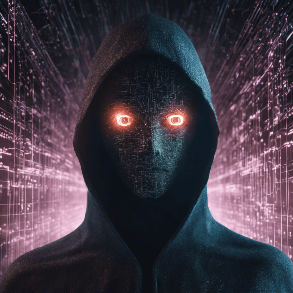 A sinister figure cloaked in digital shadows, with eyes that pulse with eerie data streams. Intricate cybernetic implants line its body, thrumming with malicious code and unauthorized access protocols. A dark aura of hacked networks and stolen data emanates from this digital wraith.