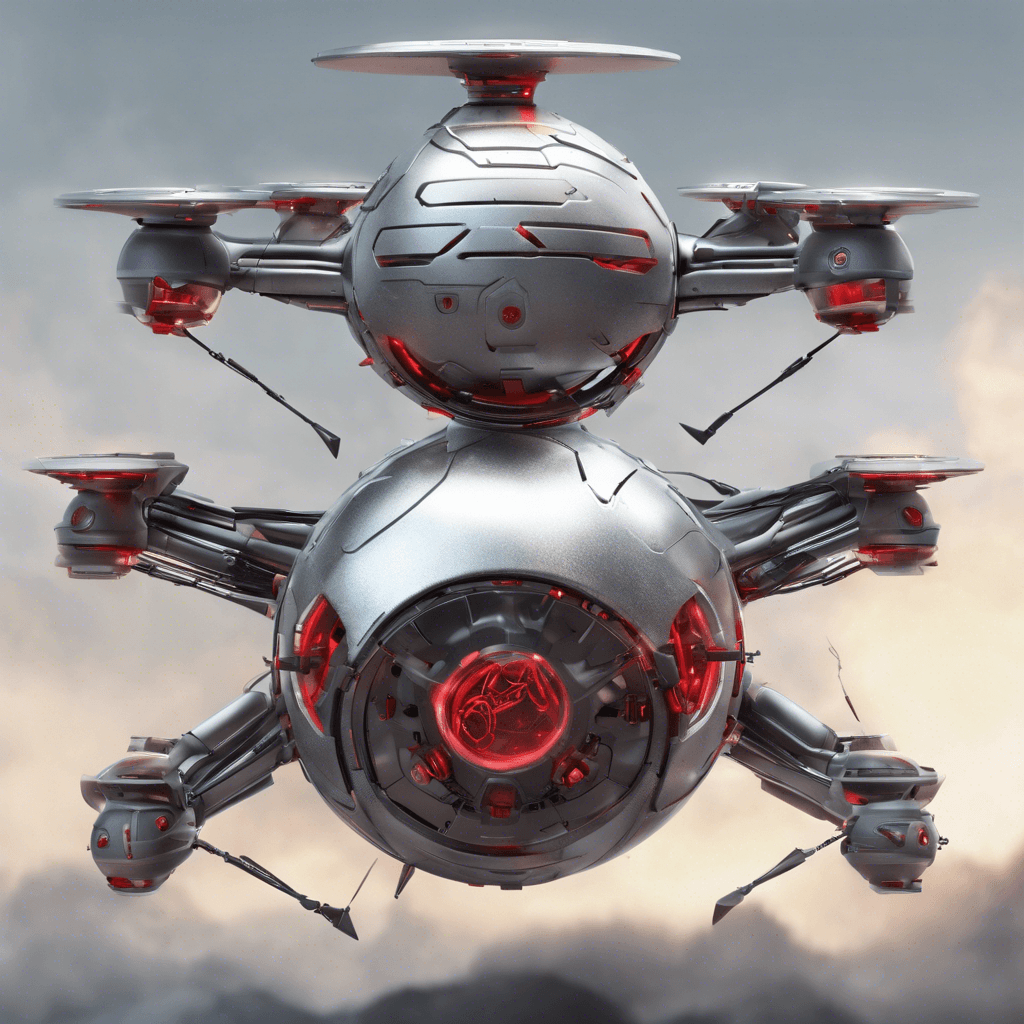 A hovering spherical drone, bristling with weapons. Its gleaming silver chassis reflects the dim light of the bridge, red optical sensors scanning for targets.