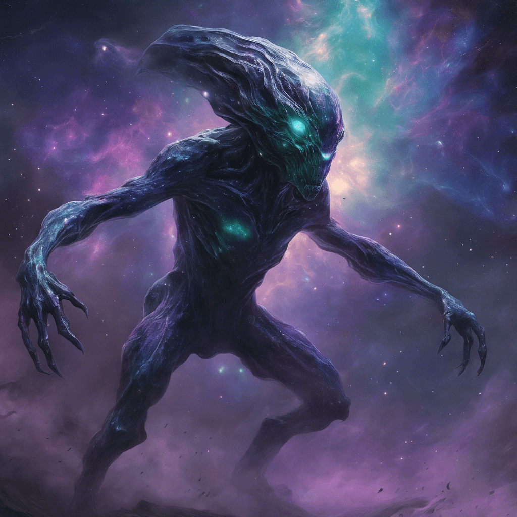 The Nebula Shapeshifter is a stealthy alien creature that can blend seamlessly with its surroundings, making it nearly invisible to the naked eye. Its body is constantly shifting and changing colors to match the environment, making it a formidable opponent to spot in the vast emptiness of space.