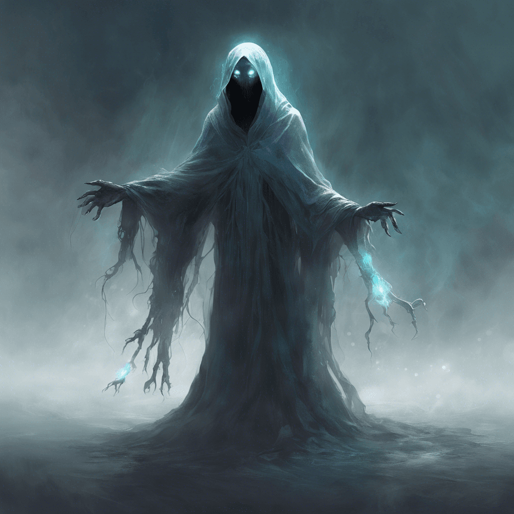 A translucent entity, cloaked in tattered robes with hollow eyes glowing with a faint, eerie light. Its hands end in spectral claws, and it seems to drift above the ground, with wisps of ethereal mist trailing behind.