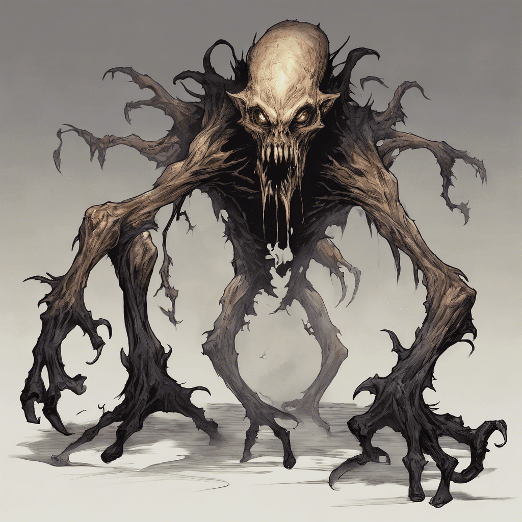 A gnarled and hideous creature emerges from the shadows, its pallid skin stretched tight over protruding bones. Long, filthy claws extend from its fingertips, and its eyes burn with a ghostly, malicious fire.