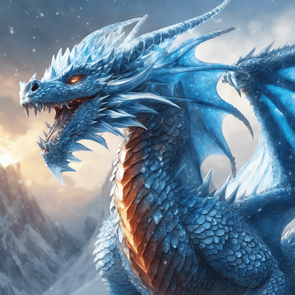 A majestic dragon, draped in icy blue scales that shimmer like diamonds. Its eyes burn with a cold, fiery light, and frost seems to gather around its flaring nostrils. Icy vapor trails from its wings with each powerful beat, and its claws are crystalline and razor-sharp.