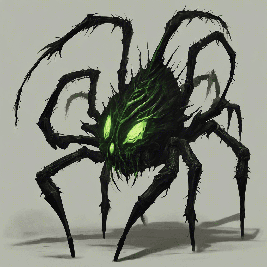 A monstrous arachnid, larger than a horse, with deep obsidian-black chitin and glowing green eyes lurking in the shadows. Its fangs drip with a venomous green ichor, and its legs are covered in thick, thorny bristles.