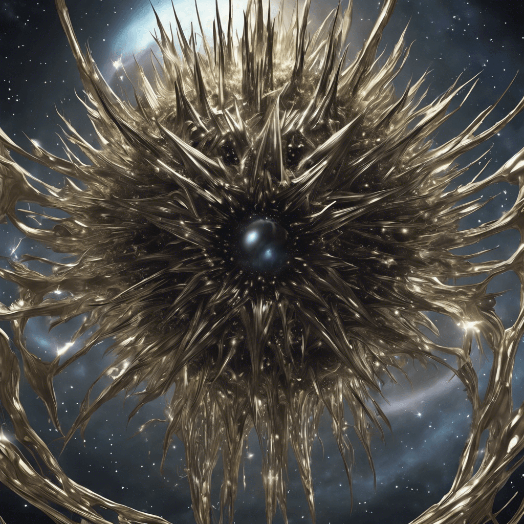 A shapeshifting metallic entity floating in space, it reflects the starlight with its fluid, mirror-like surface. It bristles with shifting spikes and tendrils, and occasionally opens transient eyes that gaze into the abyss.