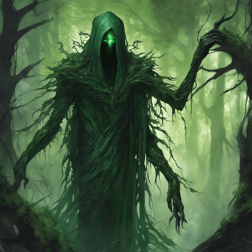 A tall and wraithlike figure draped in tattered robes of deep forest green, its eyes glowing like cold embers, with elongated fingers ending in sharp, vine-like claws.