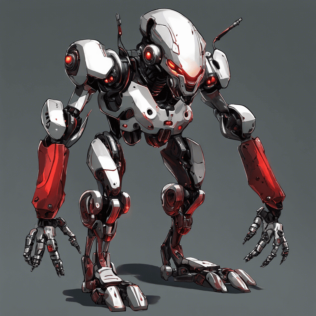 A robotic enemy with a humanoid upper body, sleek and made of polished alloy, with glowing red eyes and armed with mechanized appendages capable of lethal force.