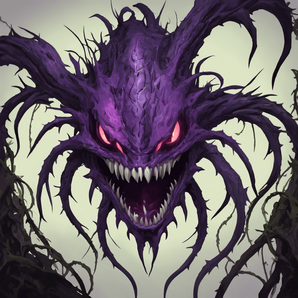 A menacing plant creature with dark, thorny vines, glowing purple eyes, and a gaping maw lined with sharp teeth.