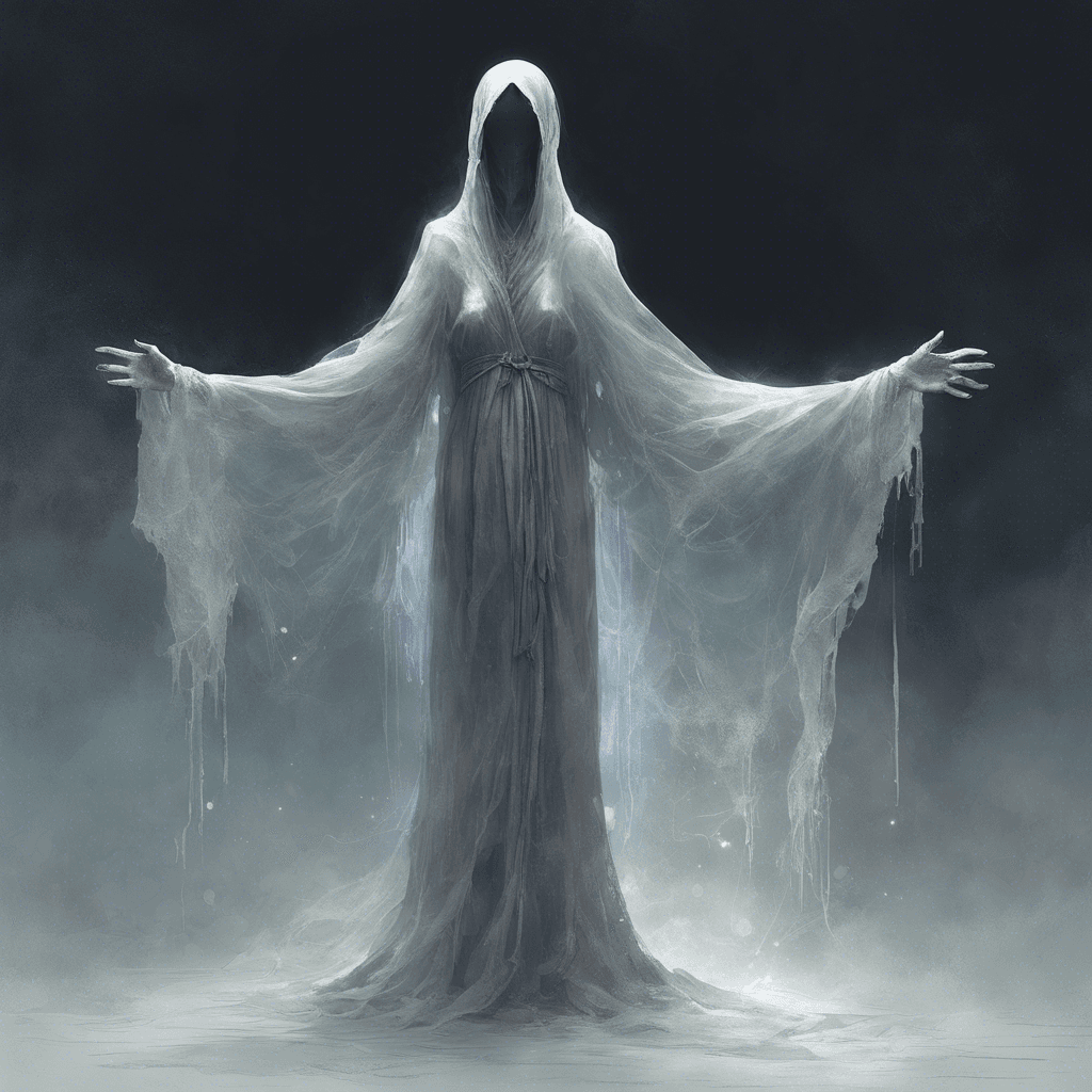 An ethereal figure, translucent and shimmering with a ghostly light. Tattered robes hang from its body, and where its face should be, there's only the dark hollow of an endless void.