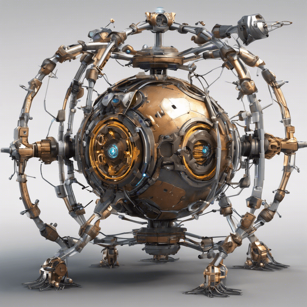 A hovering mechanical contraption, bristling with antennae and sensor arrays. It has a spherical core with three rotating rings, each armed with an energy blaster and a grappling hook.