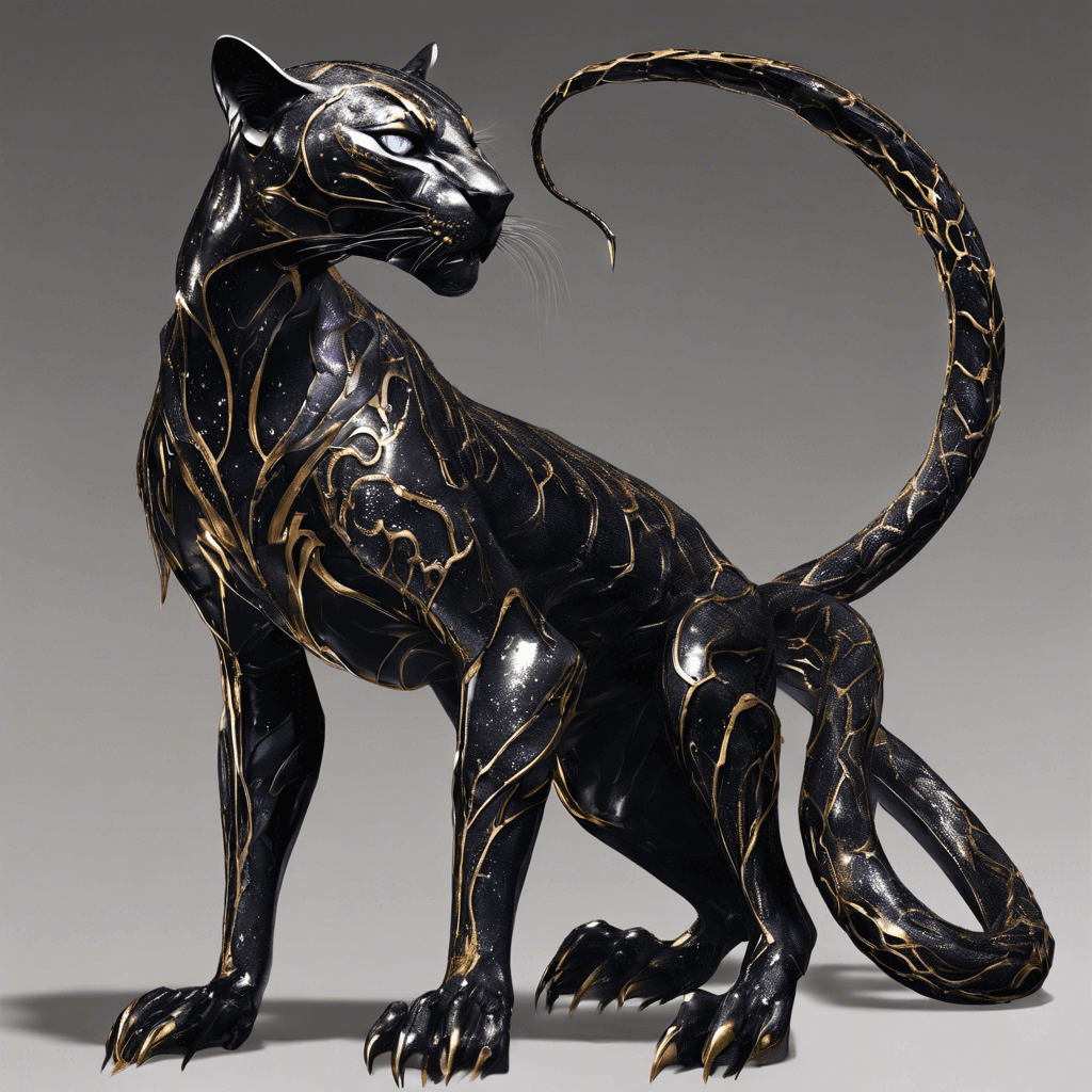 A sleek, metallic creature resembling a cross between a panther and a serpent, with a dark exoskeleton reflecting the starlight. Razor-sharp claws and tendrils of electric energy crackling along its spine give it a menacing look.