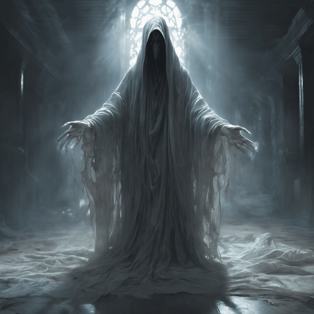 A translucent figure, cloaked in tattered robes that whisper across the floor. Its eyes are hollow yet piercing, its hands outstretched with a ghostly aura.