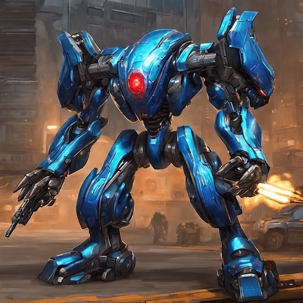 The Xenotech Sentinel is a towering robotic entity with sleek, metallic plating and glowing blue energy coursing through its joints. Its single red eye locks onto targets with precision, ready to unleash advanced weaponry at a moment's notice.