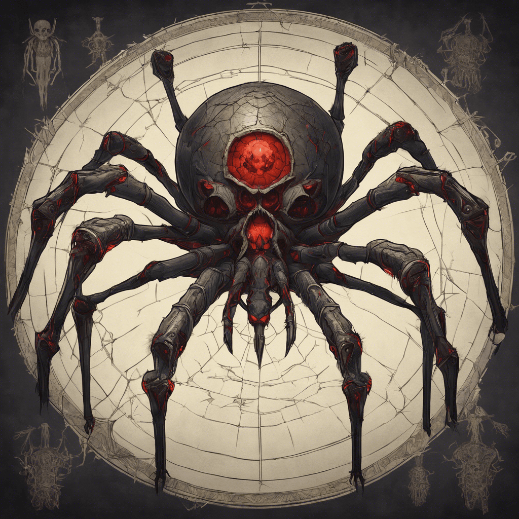 A gigantic spider constructed from amalgamated human parts. Its eight legs crafted from the arms of the dead, body assembled from decaying corpses, and a skull with glowing red eyes for a head.