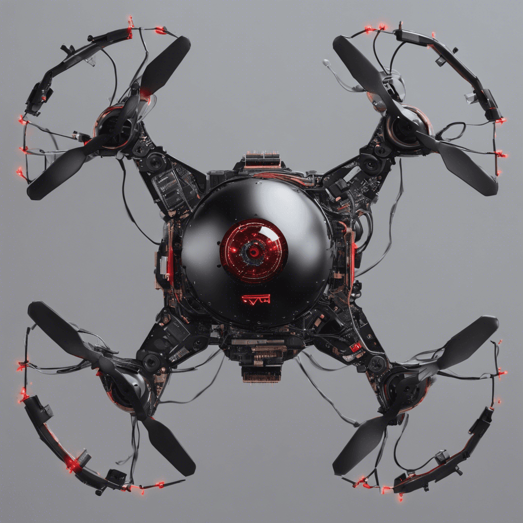 A hovering drone with a single, glaring red eye surrounded by whirring hacking tools and antenna arrays. Its sleek, black shell is partially transparent, revealing a complex network of circuits and hardware.