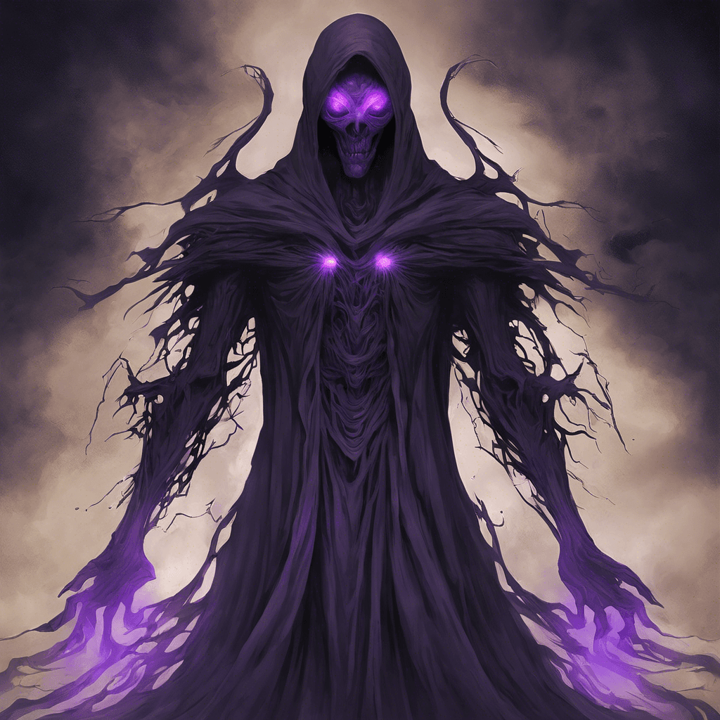 The Void Wraith is a shadowy figure with glowing purple eyes, exuding an otherworldly aura. Its body seems to phase in and out of existence, making it difficult to pinpoint its exact location. It wields dark energy that can manipulate gravity and tear through the fabric of space-time.