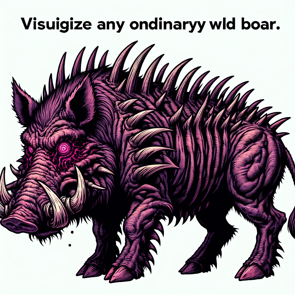 A massive boar with jagged, backward-curling spines protruding from its back, razor-sharp tusks gleaming with a sinister purple glow, and beady red eyes filled with a hunger for destruction.