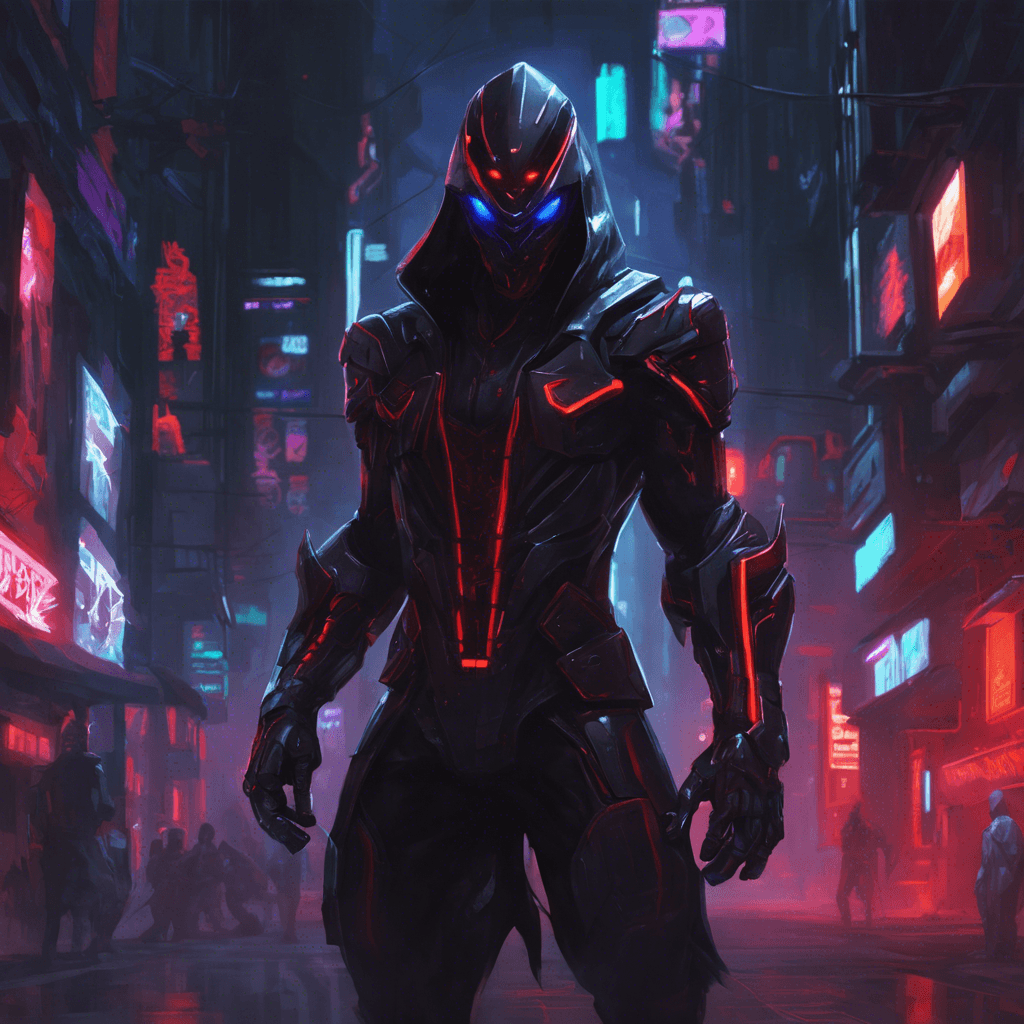 The ShadowHacker is a cybernetic assassin cloaked in darkness, their form barely visible amidst the neon lights of Neonix City. With sleek black armor and glowing red cybernetic implants, they move with lethal precision and strike without warning.