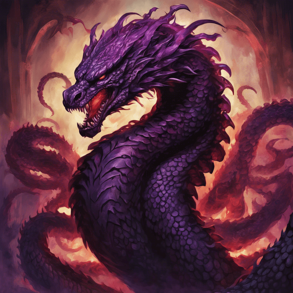 A towering hydra with scales that shimmer between shades of sinister blacks and deep purples, each head adorned with eyes glowing like crimson embers. Its many heads lunge and weave with lethal grace, poised to strike with razor-sharp fangs.