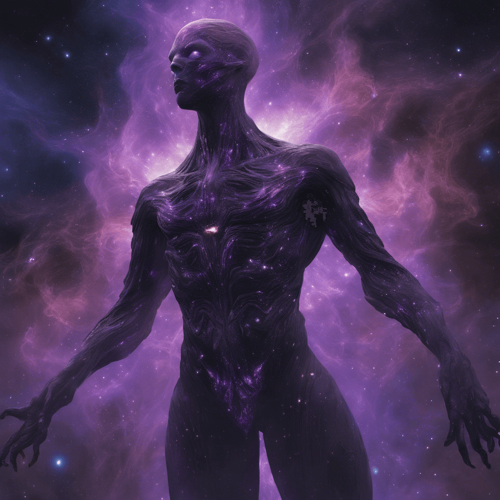 The Nebula Wraith is a swirling mass of cosmic energy and dark matter, with shimmering purple and black hues across its amorphous, vaguely humanoid form. It radiates an ethereal glow from its core, where tendrils of nebula gas twist and undulate in a mesmerizing display.