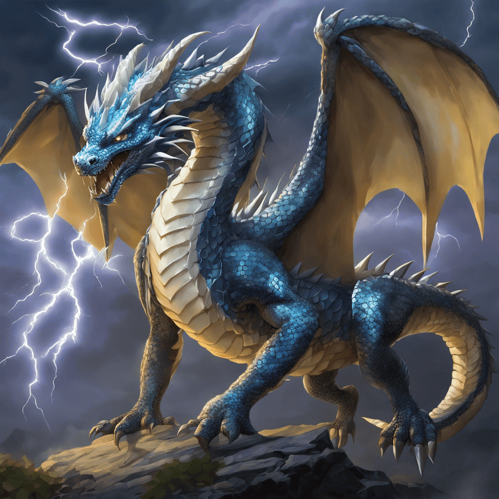 A serpentine dragon with shimmering storm-gray scales that spark with static electricity. Its eyes gleam like sapphires, and sharp spines run along its back, crackling with arcs of lightning.