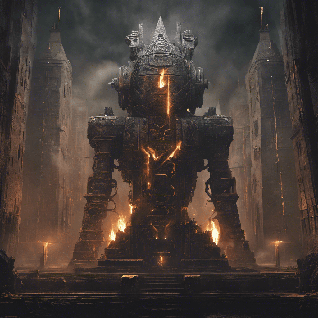 An enormous, towering construct of ancient, rune-etched iron, with fire blazing in its eyes and steam venting from its joints.