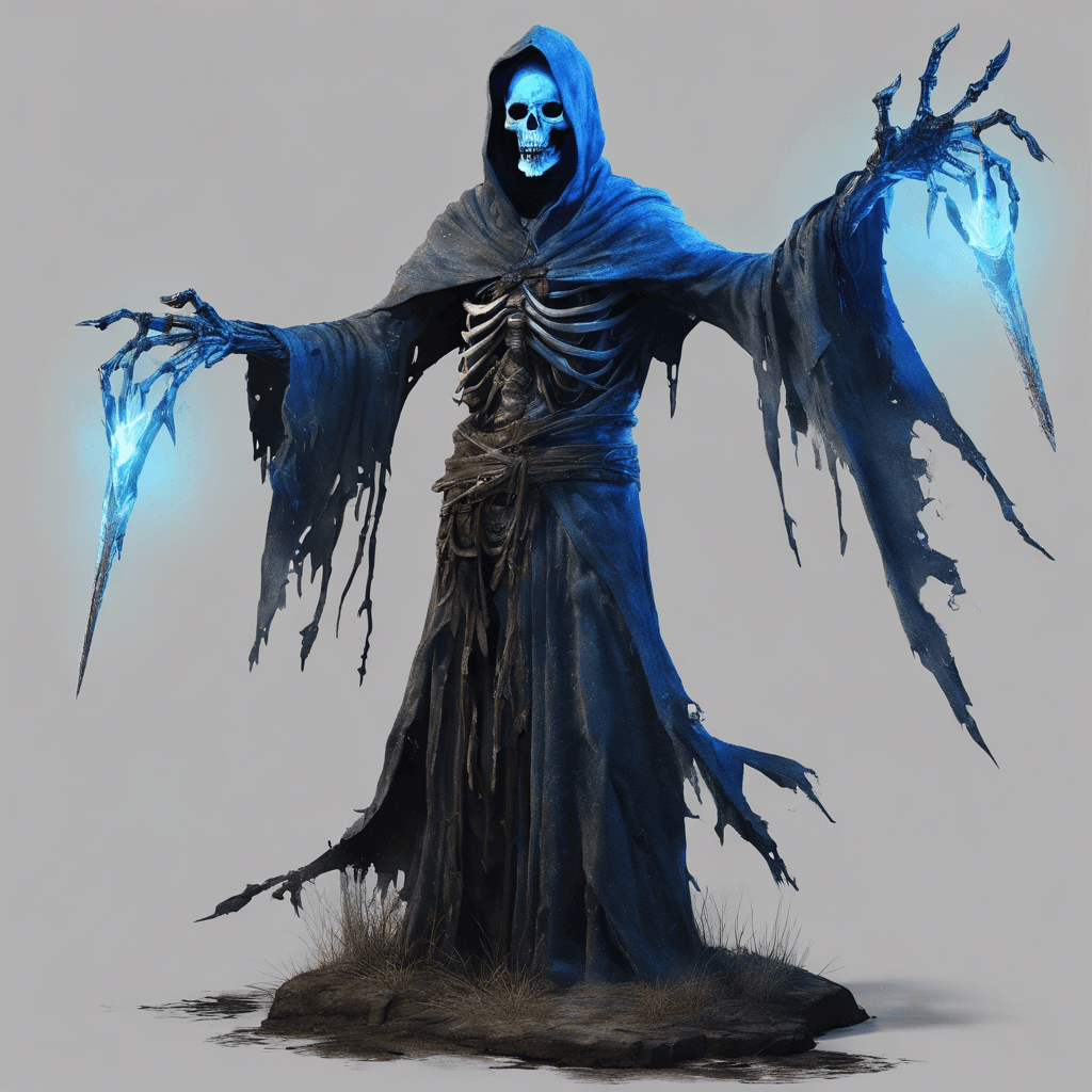 A towering undead figure wrapped in tattered cloak, its eyes glowing with a sinister blue light. Skeletal hands extended from sleeves, clutching an ancient, rune-etched blade.