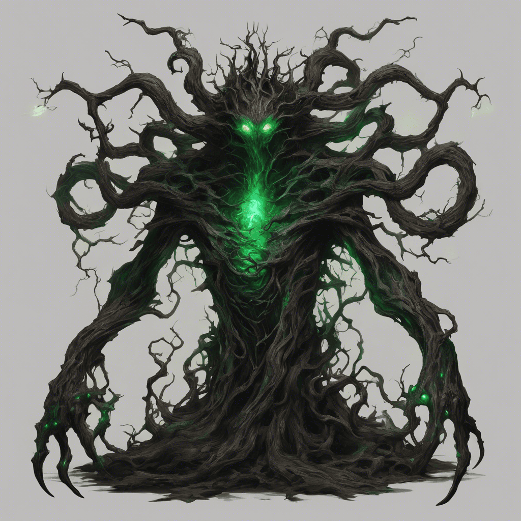 A towering figure made of gnarled and twisted black wood, with glowing emerald eyes and limbs like tendrils of corrupted plants. Thorns protrude from its body, oozing a dark, viscous liquid.