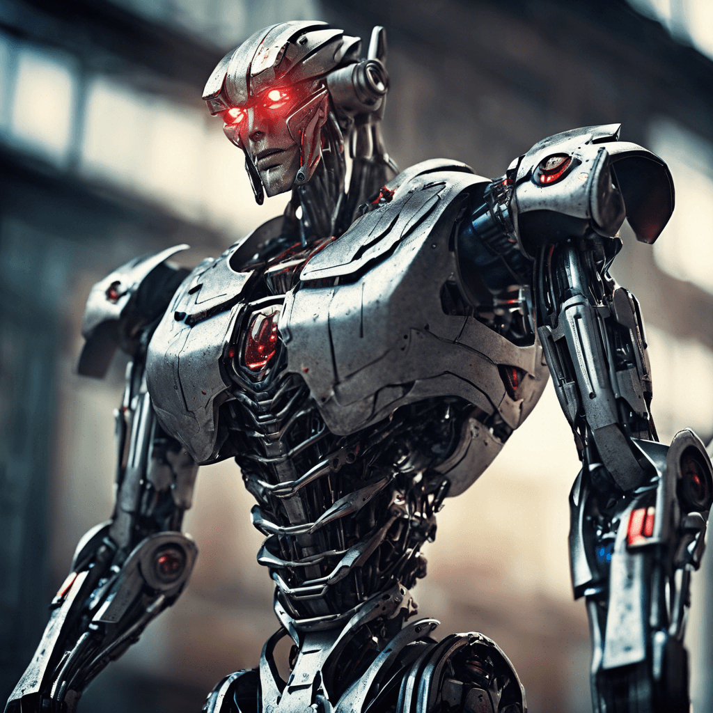 The Cybernetic Sentinel is a towering humanoid robot with sleek, metallic armor plating and glowing red eyes that scan its surroundings with ruthless efficiency. Its limbs end in sharp, retractable blades, and its chest houses a powerful energy core that crackles with destructive potential.