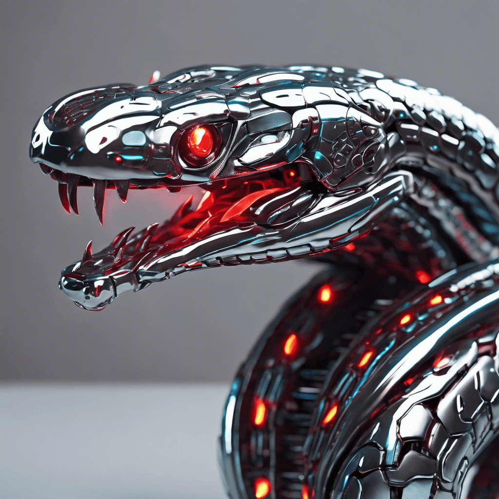 The Cyber Serpent is a sleek and deadly robotic snake, covered in shiny chrome plating and neon-lit circuit patterns. Its eyes glow red with a menacing intelligence, and its movements are quick and precise, ready to strike at a moment's notice.