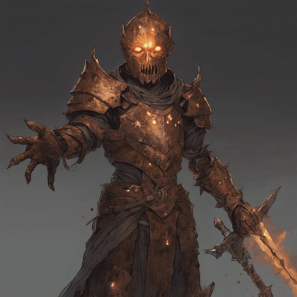 A semi-transparent figure clad in rusting armor. Its empty eye sockets burn with a faint, ghastly light, and a spectral sword is gripped tightly in its hand.