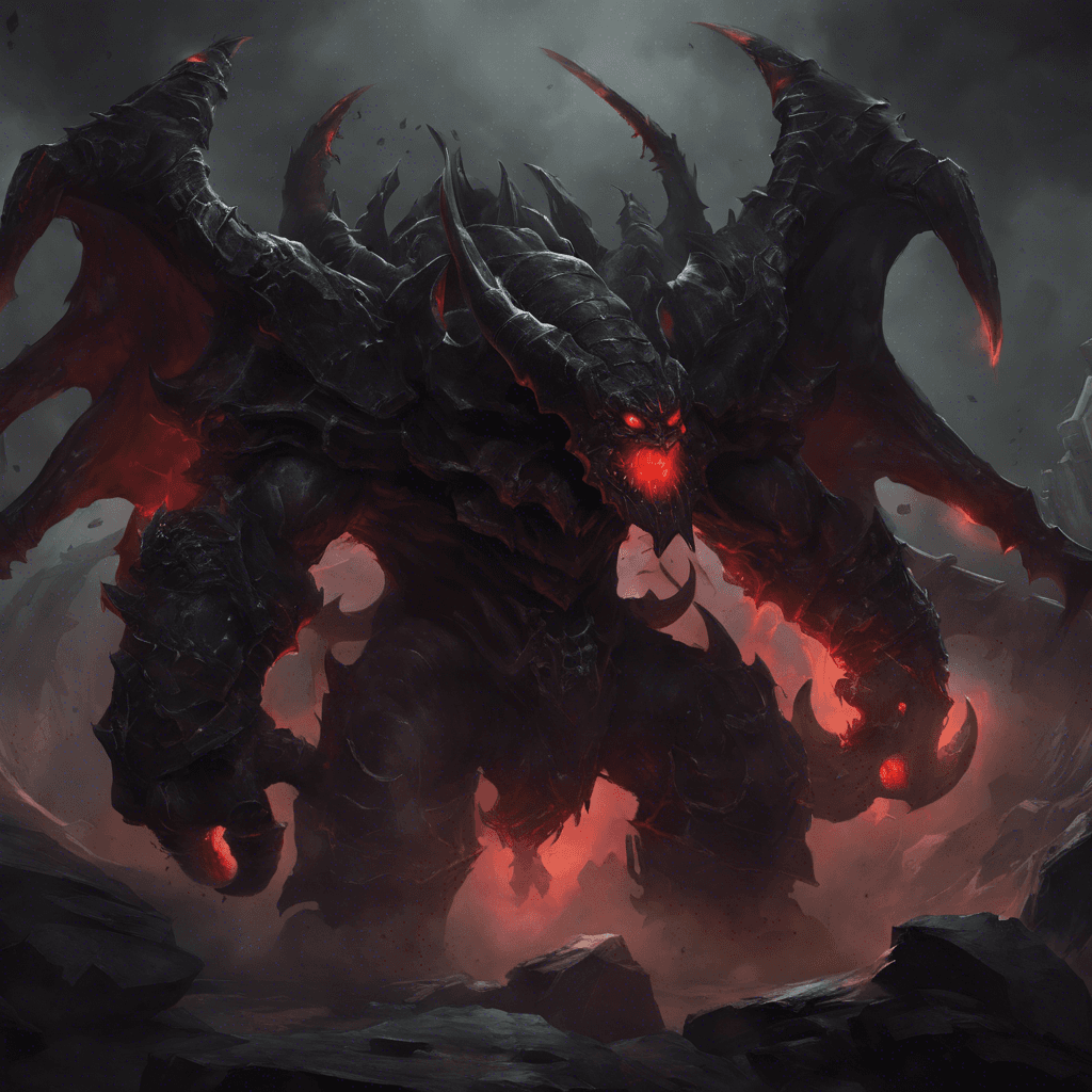 A towering behemoth, the Abyssal Reaver is covered in dark, chitinous armor. With six glowing red eyes and claws as sharp as scythes, it radiates an aura of malice and raw power. Jet-black smoke billows from its body, darkening the air around it.