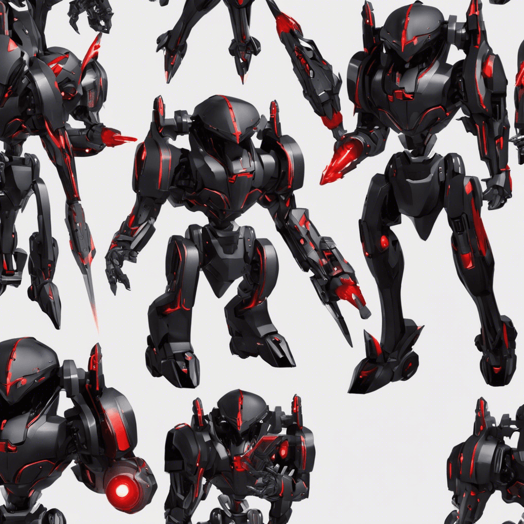 The Sentries of Eclipse are sleek, dark robots with a glossy black carapace, glinting with sharp silver accents. Each has multiple red optic sensors that flicker as they process information. The arms of the Sentry of Eclipse unfold into several joints, each ending in various weaponized tools such as laser cutters and plasma blasters.