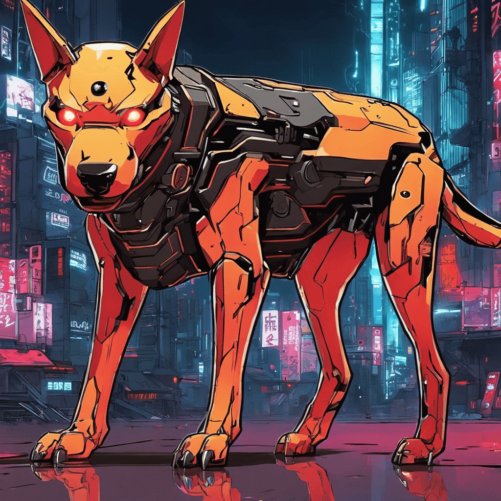 The Tech-Hound is a sleek and menacing cybernetic dog, with glowing red eyes and sharp metal teeth. Its body is covered in a metallic sheen, reflecting the neon lights of Neo-Tokyo. It moves with lightning speed and precision, ready to strike at any moment.