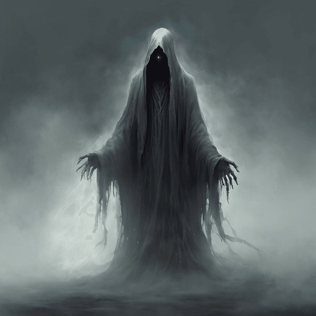 The Specter Guardian is a ghostly figure cloaked in tattered robes, with hollow eyes that seem to emit a faint ethereal glow. It drifts silently through the mist, emanating an aura of dread and despair.