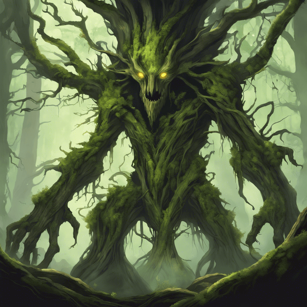 A towering, twisted treant with gnarled bark and flickering ghostly green flames where its eyes should be. Its limbs are long and claw-like, and moss-covered roots writhe underfoot. It emanates a terrifying aura, causing the air to chill and the ground to softly tremble.