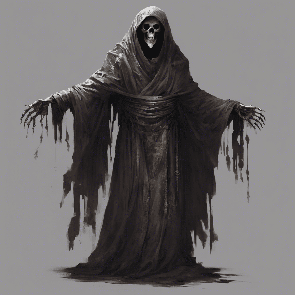 Kharazan is an imposing figure, draped in tattered robes that flutter like shadows. Its face is obscured by a hood, but two piercing, luminescent eyes shine from the darkness beneath. Skeletal hands extend from its sleeves, crackling with dark energy.