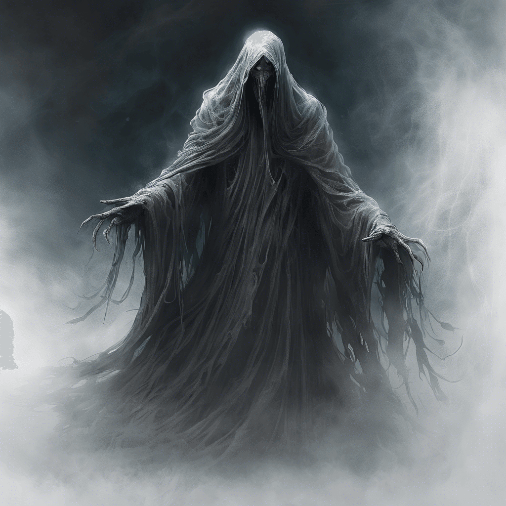 The Whispering Wraith is a spectral figure clad in tattered robes, its face obscured by a swirling mist. It emits a chilling aura that freezes the air around it, and its voice echoes with the lament of lost souls.