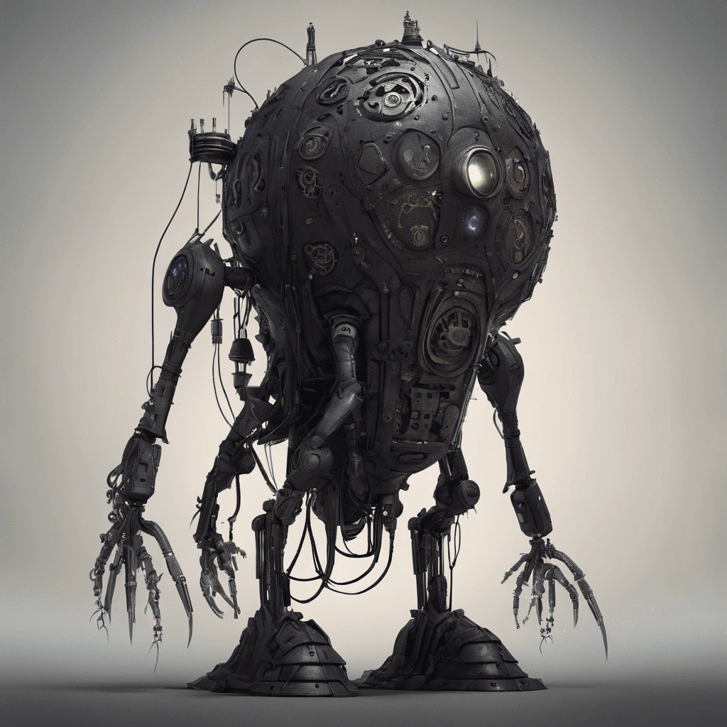 A towering mechanoid covered in eldritch symbols and carrying an array of preternatural sensors. Its body is made of a dark composite material. It moves with an eerie silence, despite its massive size.