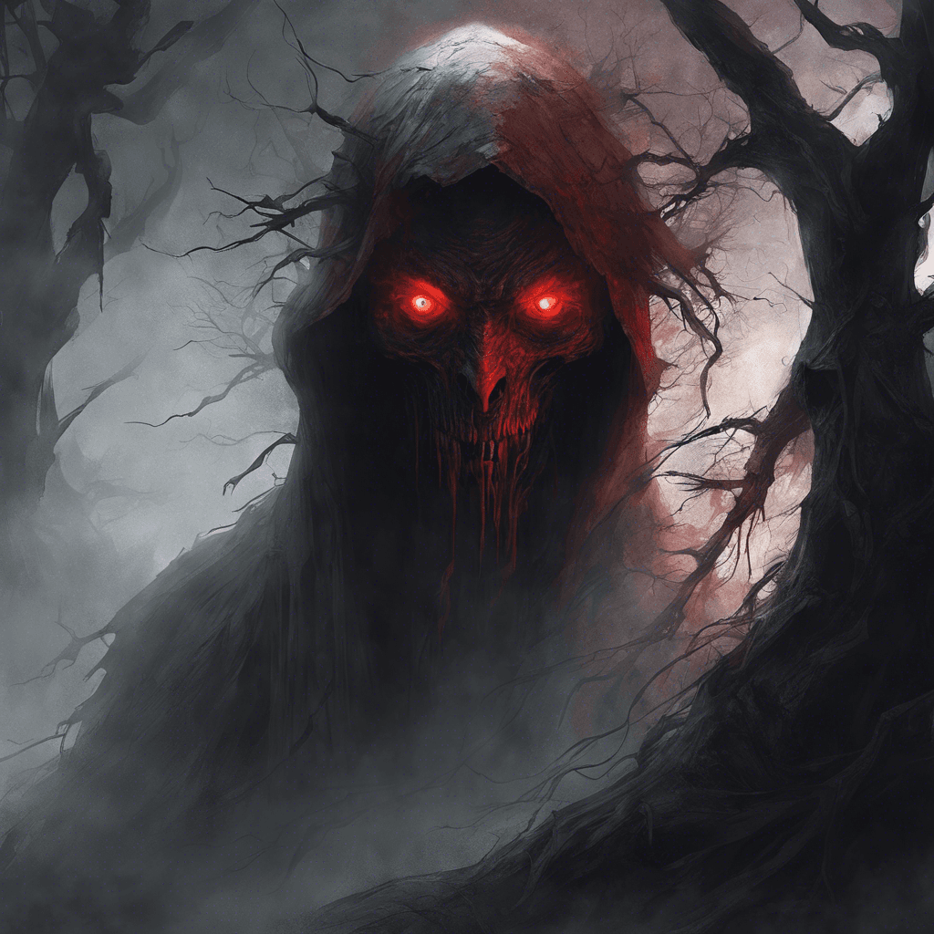 A looming phantom shrouded in tattered robes, emanating an aura of absolute darkness. Its ghastly visage partially obscured, it hovers above the ground, leaving a trail of ethereal mist. Malevolent red eyes pierce the gloom, seeking whom it may devour.